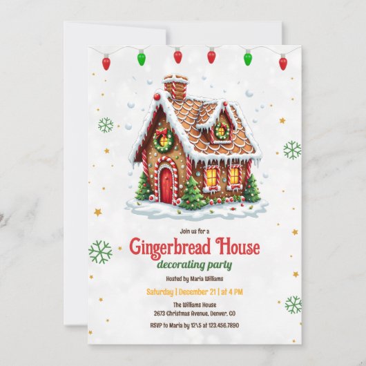 キュートなジンジャーブレッ飾ドハウスのクリスマスパーティー 招待状 (正面)