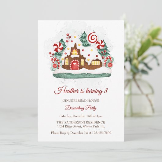 キュートなジンジャーブレッ飾ドハウスの誕生日パーティー 招待状 (スタンド正面)