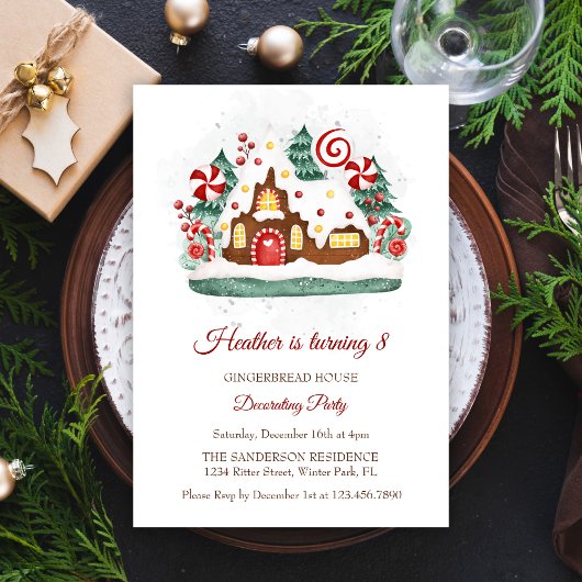 キュートなジンジャーブレッ飾ドハウスの誕生日パーティー 招待状