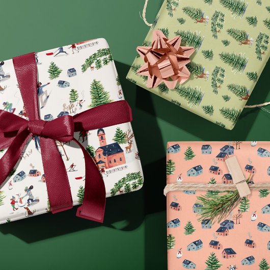 キュートなスキーピンクの北欧クリスマス ラッピングペーパーシート