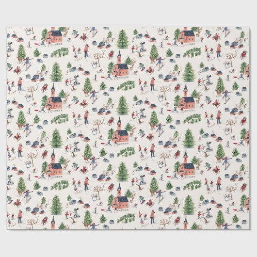 キュートなスキーピンクの北欧クリスマス ラッピングペーパー (フラット)