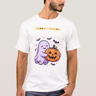 キュートなスケアリースポーキーシーズンの幽霊とかぼちゃのハロウィーン Tシャツ