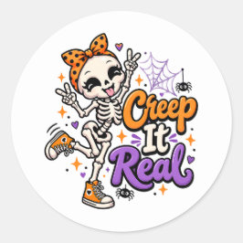 キュートなスケルトンのハロウィンステッカー「Creep It Real」 ラウンドシール