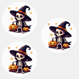 キュートなスケルトン魔女のハロウィンステッカー – スプーキーカ ラベル