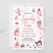 キュートなスパイキー ワン ピンク ハロウィン ゴースト 1歳の誕生日 招待状 (正面)