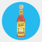 キュートなスパイシーな猫ホットソースイラストレーションブルー ラウンドシール (正面)