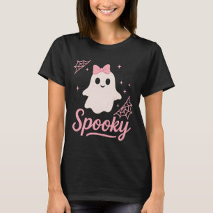 キュートなスプーキーゴースト ピンクのリボン カワイイ ハロウィン Tシャツ