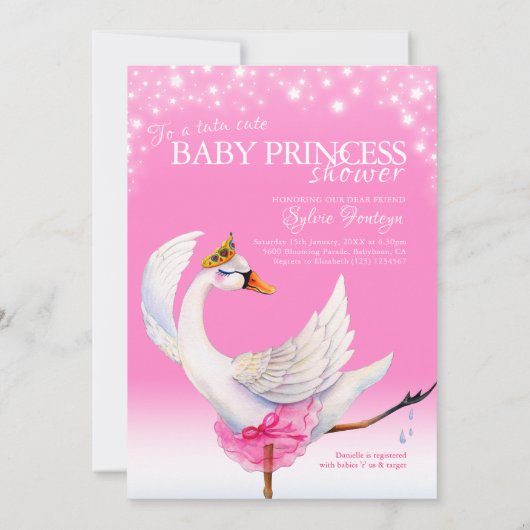 キュートなスワンレイクピンクバレエベビーシャワー招待状 招待状 (裏面)