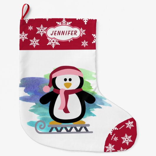 キュートなスールペンギンピンク ラージクリスマスストッキング (正面)