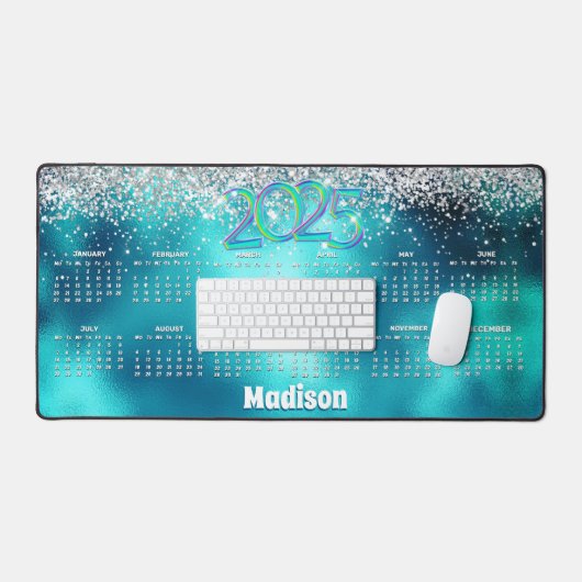 キュートなターコイズグリッター2025年モノグラムカレンダー デスクマット (キーボード&マウス)
