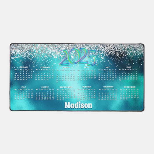 キュートなターコイズグリッター2025年モノグラムカレンダー デスクマット (正面)
