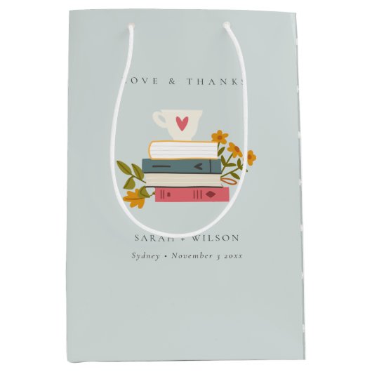 キュートなダスキーブルー積み上げストーリーブズ結婚フローラ ミディアムペーパーバッグ (正面)