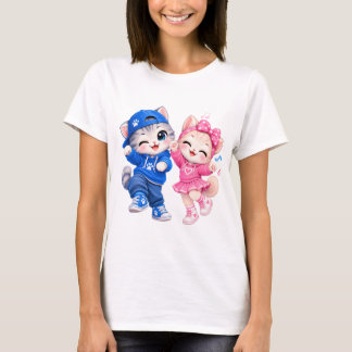 キュートなダンシングキャッツの女性用Tシャツ | かわいい猫のカップル Tシャツ