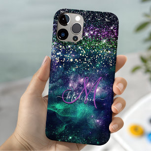 キュートなダークパープルとグリーンの疑似ラメモノグラム iPhone 11 PROケース