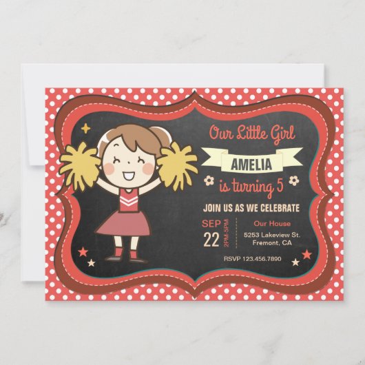 キュートなチアリーダー女子の誕生日パーティー招待状 招待状 (正面)