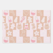 キュートなチェッカーボードホリデーピンクとブラウンクリスマス ラッピングペーパーシート (正面3)