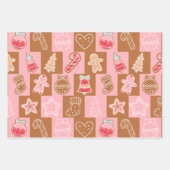 キュートなチェッカーボードホリデーピンクとブラウンクリスマス ラッピングペーパーシート (正面2)