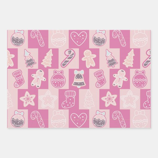 キュートなチェッカーボードホリデーピンクとブラウンクリスマス ラッピングペーパーシート (正面)