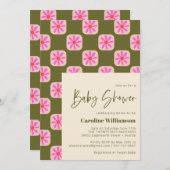 キュートなチェッカーボード花グリーンピンク赤ちゃんシャワー 招待状 (正面/裏面)