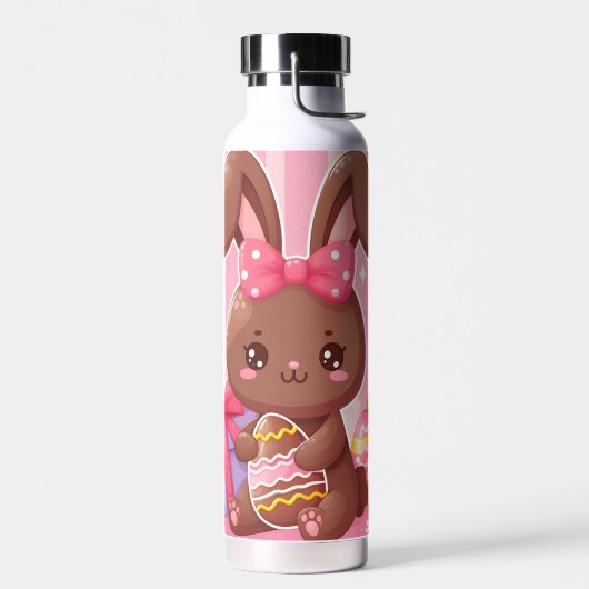 キュートなチョコレートイースターバニーとピンクのストライプ ウォーターボトル (左面)