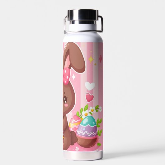 キュートなチョコレートイースターバニーとピンクのストライプ ウォーターボトル (背面)