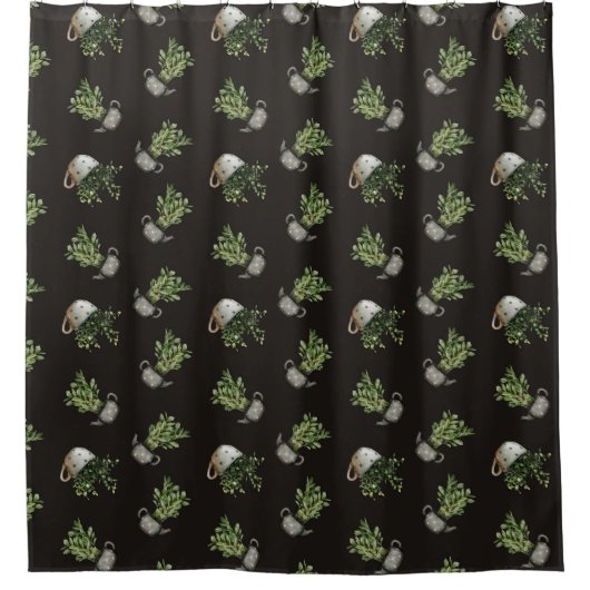 キュートなティーカッププラントブラックシャワーカーテン シャワーカーテン (正面)