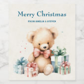 キュートなテディベアとギフト楽しいクリスマス ワインラベル (シングルラベル)