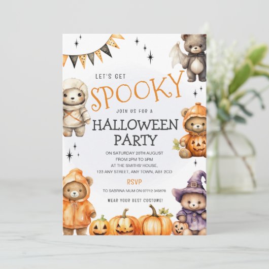 キュートなテディベアのハロウィン仮装パーティー招待状 招待状 (スタンド正面)
