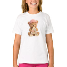 キュートなテディベアイニシャルAフラワールームガールズTシャツ