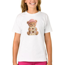 キュートなテディベアイニシャルBフラワーモチーフのガールズTシャツ