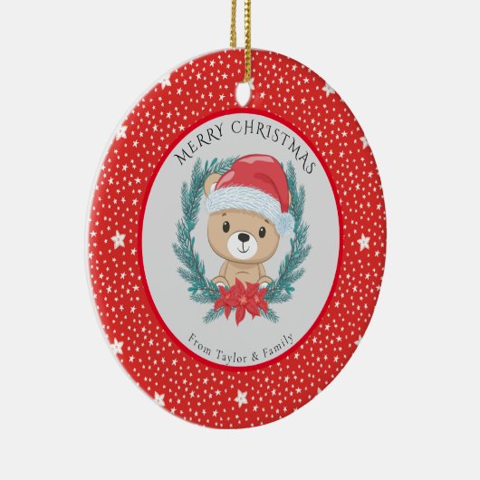 キュートなテディベア赤い白い星メリークリスマス セラミックオーナメント (右)