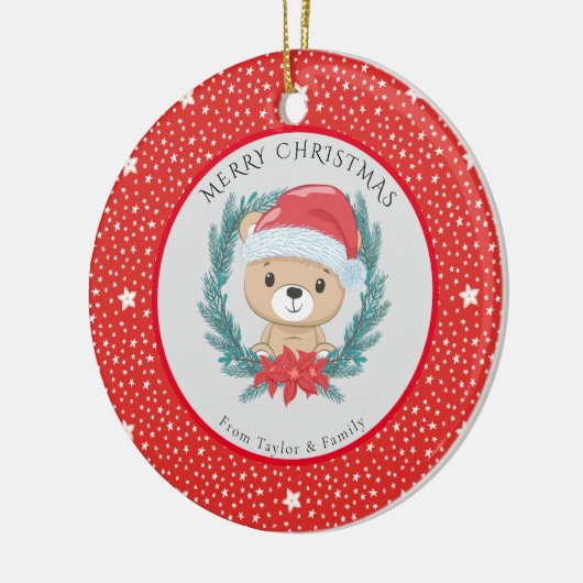 キュートなテディベア赤い白い星メリークリスマス セラミックオーナメント (左)