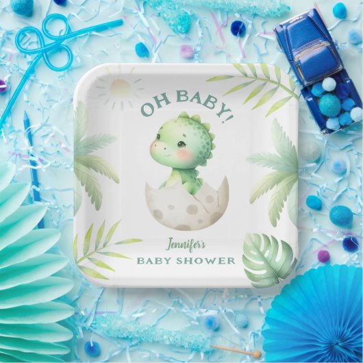 キュートなディノ熱帯恐竜の赤ちゃんシャワー ペーパープレート (パーティー)