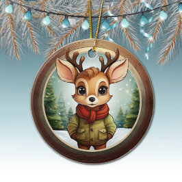 キュートなトナカイのキャラクター クリスマスのシカ、雪のシーン 🦌🎄 セラミックオーナメント