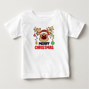 キュートなトナカイのメリークリスマスライト ベビーTシャツ
