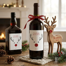 キュートなトナカイの赤いボタンの鼻のクリスマス ワイン ワインラベル