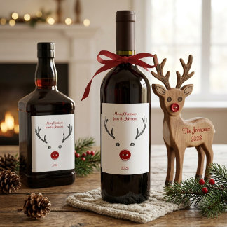 キュートなトナカイの赤いボタンの鼻のクリスマス ワイン  ワインラベル