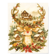 キュートなトナカイ クリスマス ビンテージ 水彩画