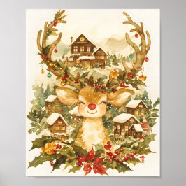 キュートなトナカイ クリスマス ビンテージ 水彩画 ポスター