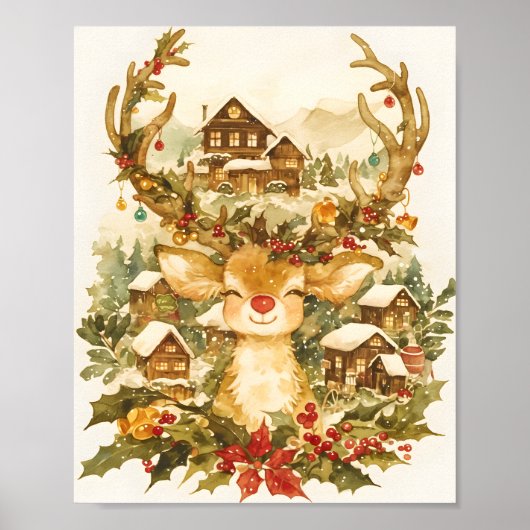 キュートなトナカイ クリスマス ビンテージ 水彩画 ポスター (正面)