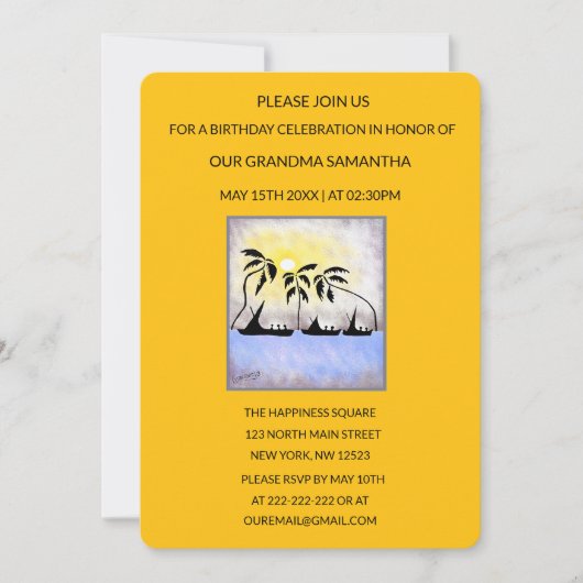 キュートなトロピカルサマーサンセットバースデー 招待状 (正面)