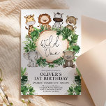 キュートなトロピカルジャングルサファリワイルドワン1歳の誕生日 招待状<br><div class="desc">サファリ祝ーをテーマにしたパーティの招待状を使った小さな男の子の最初のバースデーお洒落。このデザインは、愛らしいジャングルの動物と緑豊かな熱帯水色の緑のグループを備えている</div>