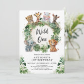 キュートなトロピカルジャングルサファリワイルドワン1歳の誕生日 招待状 (スタンド正面)