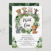 キュートなトロピカルジャングルサファリワイルドワン1歳の誕生日 招待状 (正面/裏面)