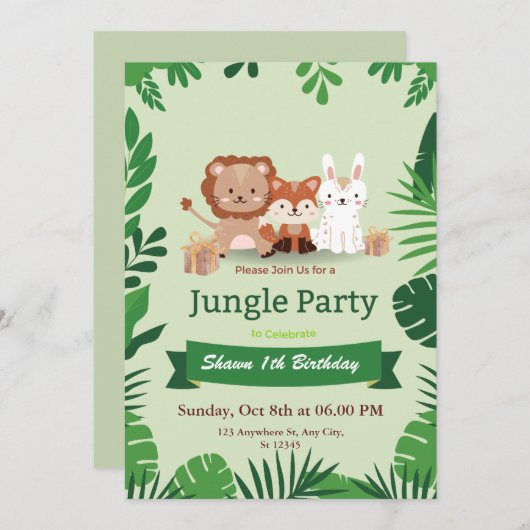 キュートなトロピカルジャングルサファリワイルドワン1歳の誕生日 招待状 (正面/裏面)