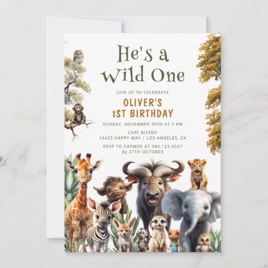 キュートなトロピカルジャングルサファリワイルドワン1歳の誕生日 招待状 (正面)