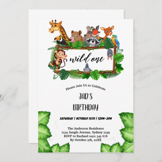 キュートなトロピカルジャングルサファリワイルドワン1st 招待状 (正面/裏面)