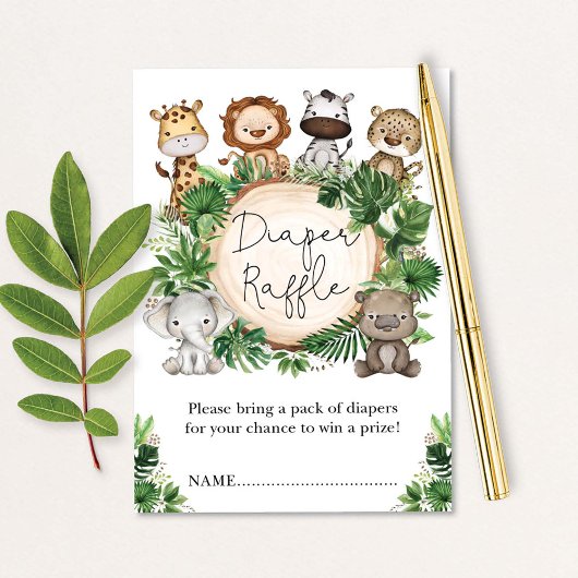 キュートなトロピカルジャングルサファリ動物おむつラッフル エンクロージャーカード