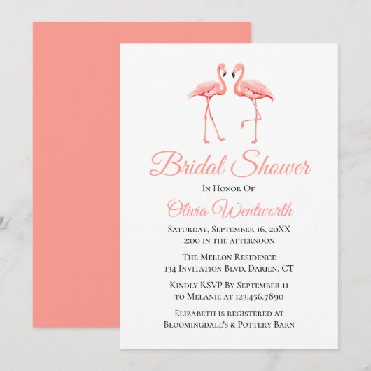 キュートなトロピカルピンクのフラミンゴ ブライダルシャワー 招待状 (正面/裏面)