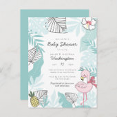 キュートなトロピカルフラミンゴ&パイナップルベビーシャワー インビテーションポストカード (正面/裏面)